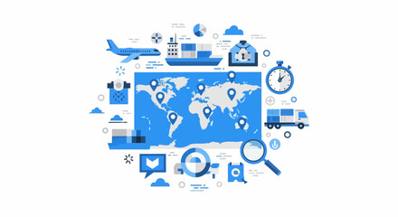 Obraz premium Global Logistics and Supply Chain Management Concept Vector Illustration. International Shipping, Transport Network, and Worldwide Distribution Infrastructure Icons.