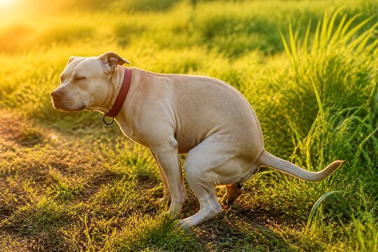 Muscular pit bull breed dog is relieving itself in a grassy field during golden hour sunset lighting.