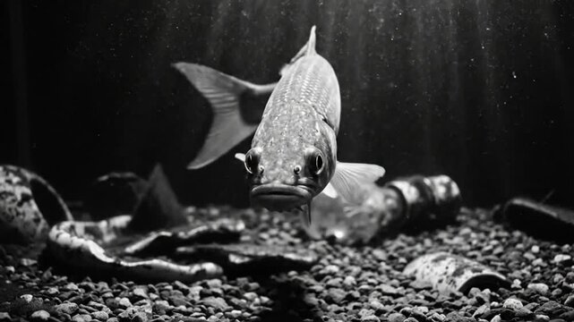 Black and white underwater fish portrait of fish swimming towards the camera in a dark aquarium