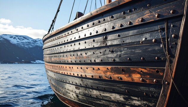 Weathered wooden boat hull with clinker lapstrake planks in coastal mountain setting