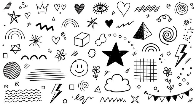 Creative collection of hand-drawn doodle elements featuring stars hearts clouds lightning bolts smiley faces in black ink sketch style lightning decoration collection creative illustration