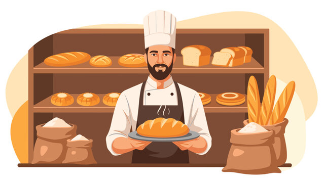 Friendly male baker in uniform holding a fresh warm loaf of bread in a traditional bakery shop with shelves of diverse baked goods.