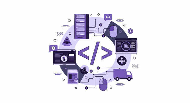 Modern Software Development and Web Programming Concept: Flat Vector Illustration of Coding, Cloud Computing, IT Infrastructure, and Digital Logistics in Purple