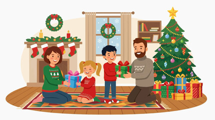 Fototapeta premium A happy family exchanges gifts in a cozy living room decorated for Christmas. A decorated Christmas tree, fireplace, and stockings complete the festive scene