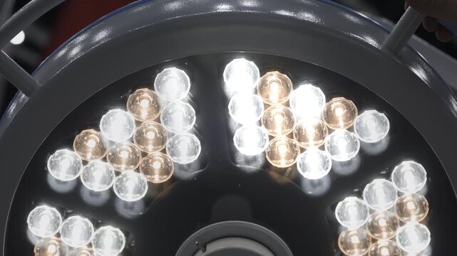 Close-up of advanced surgical operating lamp with bright LED lighting during medical equipment demonstration in clinical laboratory. Modern healthcare technology concept.