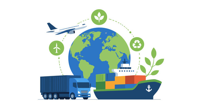 Global Globe With Shipping Containers And Transport Icons.