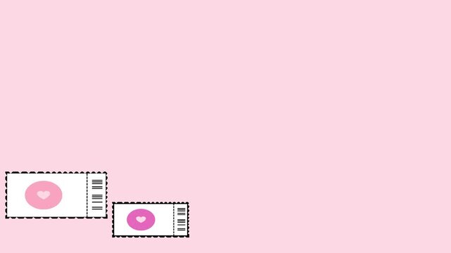 Animated Cute Pink Tickets with Heart and Barcode Moving on Pastel Pink Background 