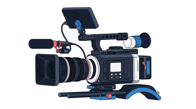Professional video camera rig with lens monitor and accessories.