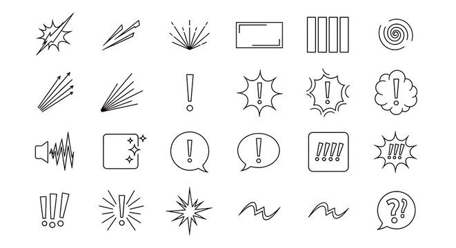 Comic book expression and manga effect icons featuring exclamation marks explosions elements hand drawn expression exclamation explosion surprise illustration