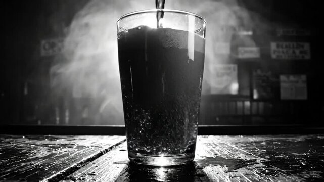 Black and white shot of dark stout beer being poured into a pint glass on a wooden bar top with smoke.