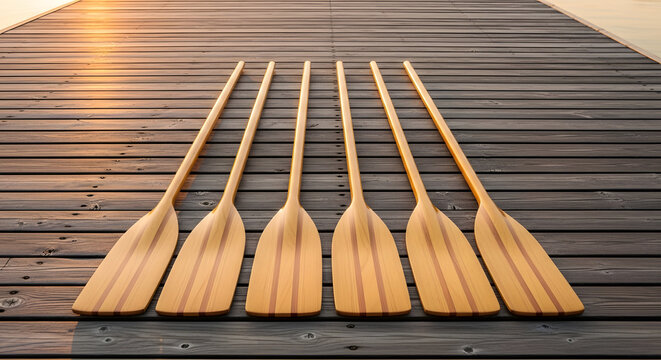 Wooden Oars on a Dock Surface.