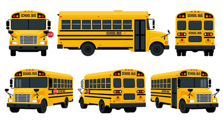 yellow school bus illustrations front side and rear views © Anupom