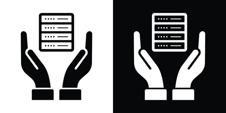 Data protection and cloud hosting security icon. Two hands holding a server rack tower, symbolizing secure database management, network backup, and IT infrastructure support.