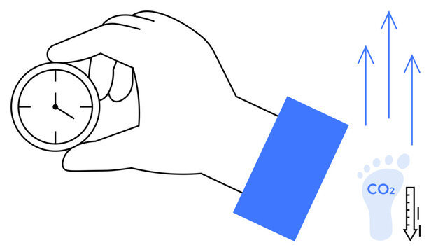 Sustainability, environmental conservation, time management, carbon reduction, ecological footprint, climate change. Hand holding clock, blue arrows CO2 symbol and carbon footprint. Sustainability