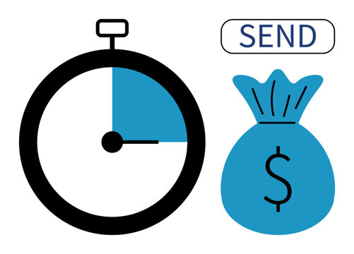Financial planning, time management, digital payments, economic efficiency, quick money transfers, transaction speed. Stopwatch, money bag and send button. Time management and digital payments