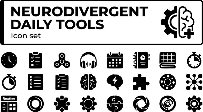 Neurodivergent Daily Tools Icon Set ADHD Autism Visual Schedule Sensory Planner Stim Focus Routine Mental Health Education Vector Illustration