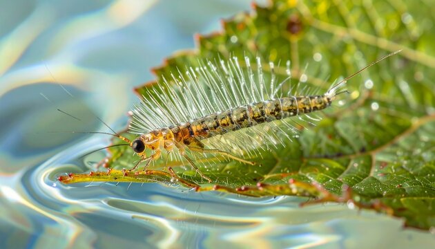 Stonefly nymph with gill clusters on leaf pack in clear freshwater macro close-up