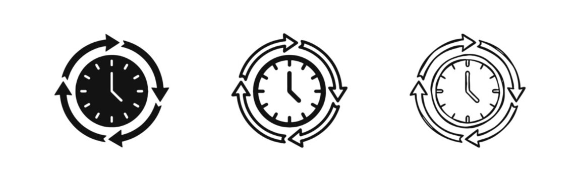 Time Management Icon Set - History, Recurrence, 24/7, and Clock Cycle Symbols