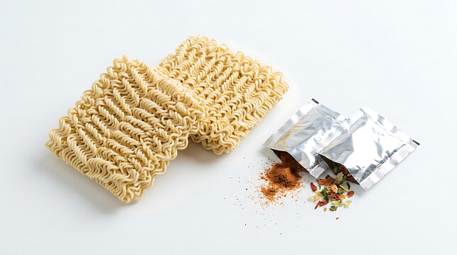 Dry instant ramen noodles and an open sachet of flavor seasoning, ready for cooking