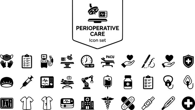 Perioperative Surgical Care Icon Set Pre Op PACU Sterile Field Anesthesia Operating Room Patient Safety Checklist Medical Education Vector Illustration
