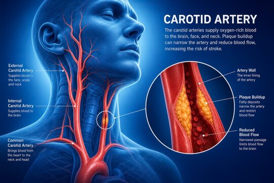 Carotid Artery Disease Medical Illustration with Plaque Buildup and Blood Flow.