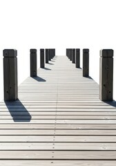 Fototapeta premium Wooden Pier Boardwalk Isolated on White Background - Perspective View of Empty Jetty with Posts