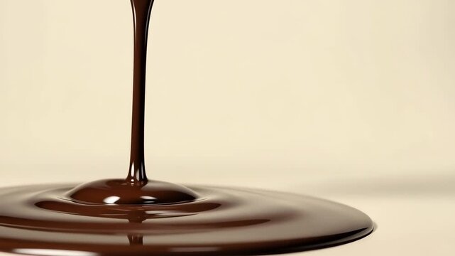Glossy chocolate sauce dripping in slow motion 