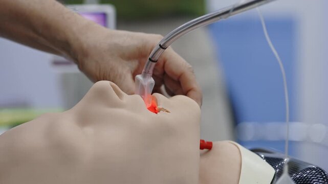 Close-up of advanced airway management simulator used for medical research, intubation practice and healthcare technology testing in laboratory environment. Medical innovation concept.