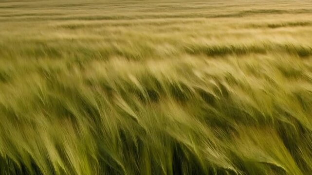 Golden wheat field swaying in gentle breeze at sunset soft focus motion footage