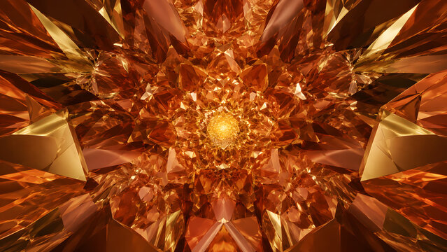 Abstract amber crystal formation with radial symmetry and golden glowing center

