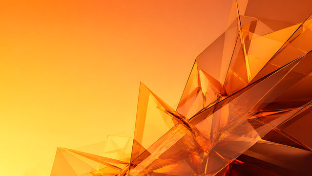 Abstract orange crystal glass geometric shapes with warm gradient background and copy space
