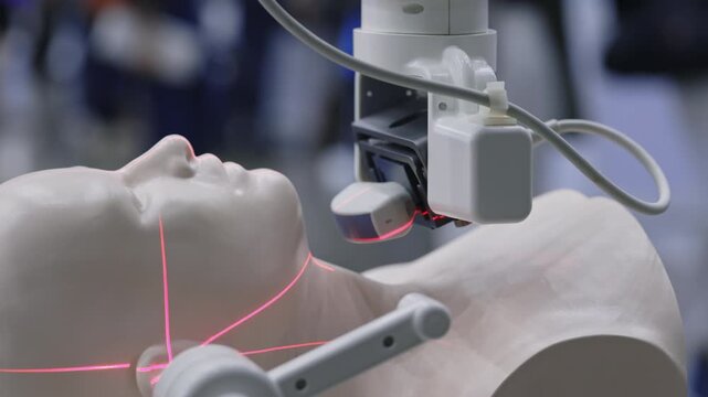 Close-up of high precision medical imaging equipment performing head and neck scan on patient simulator mannequin in clinical laboratory. Medical technology and diagnostics concept.