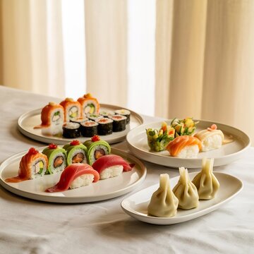 Sushi plates with various rolls and dumplings on table
