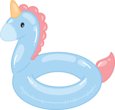 Cute blue unicorn shaped pool float inflatable swim ring summer beach vacation fantasy cartoon vector illustration