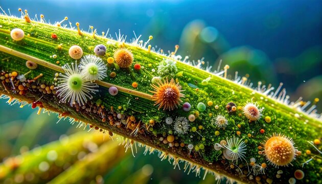 Macro close-up of seagrass blade with epiphytic diatoms, bacteria, bryozoans and isopods in marine habitat