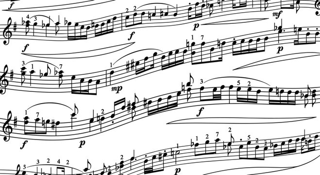 Classical musical notation sheet music background featuring black notes on white staves, perfect for artistic, acoustic, and orchestral design projects.
