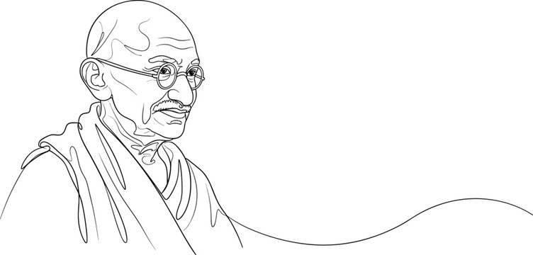 Minimalist line art portrait of Mahatma Gandhi, Indian freedom fighter, nonviolence leader, black and white vector illustration, spiritual father figure.
