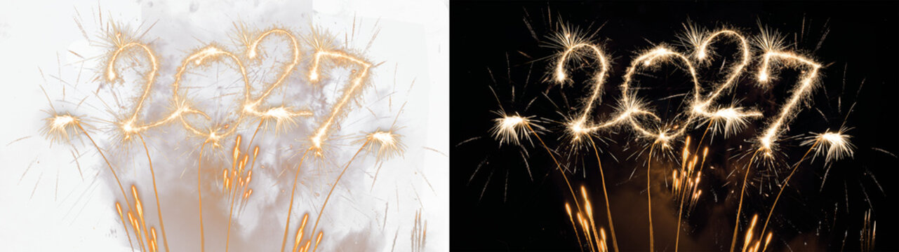 new year's eve, silvester, new year, celebration greeting card, new year card - Golden year 2027 in sparkler font and firework fireworks pyrotechnic, isolated on black and transparent background png
