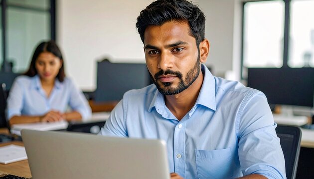 Asian office worker concentrating on laptop during busy work hours