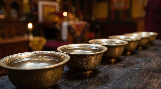 Ritual bowl sequence on dark wood surface. Ritual bowl filled with water reflects warm temple lights. Sacred brass vessels create spiritual zen atmosphere.