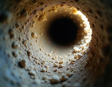 Close view inside pipe with heavy limescale buildup. Rough mineral deposits cover inner surface. Shows blockage and dirty water flow problems.
