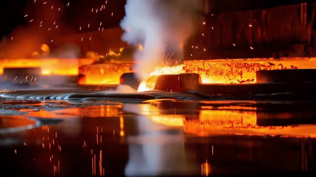 Molten metal flows in a steel mill during night shift with sparks and reflections on the ground