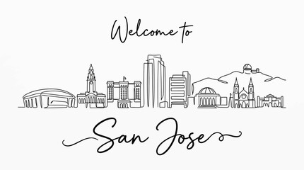 Fototapeta premium San Jose Skyline Illustration | California City Line Art