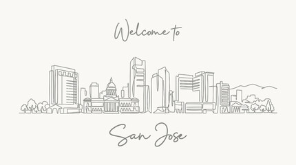 Fototapeta premium San Jose Skyline Illustration: Line Art Cityscape, Welcome Greeting