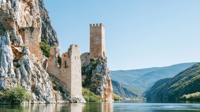 Ancient stone fortress ruins standing tall by river, medieval castle tower reflecting in calm water, surrounded by dramatic rocky cliffs and green hills