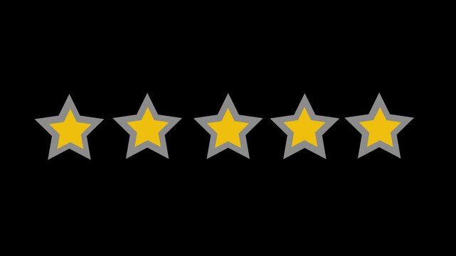 Special with rating star icon animation, Golden Five yellow stars arranged in a horizontal line on a black background five  star rating