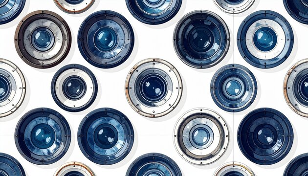 Seamless pattern of vintage lighthouse Fresnel lenses in circular arrangement on white background