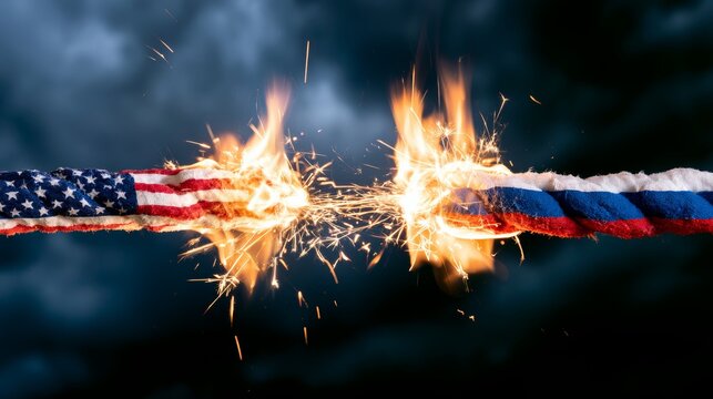 USA and Russia flags rope burning and breaking apart, representing escalating geopolitical tension, conflict, and divided relations