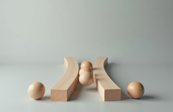 Wooden balls move through narrow passage made of curved blocks. This abstract concept visualizes business process bottleneck or flow restriction. Represents delay inefficiency or problem.