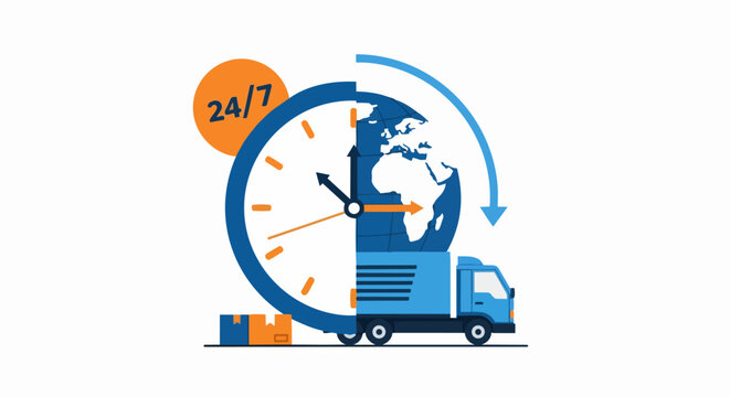 Global 24/7 Logistics and Delivery Service Concept with Shipping Truck, Globe, and Clock for Fast International Freight Transport
